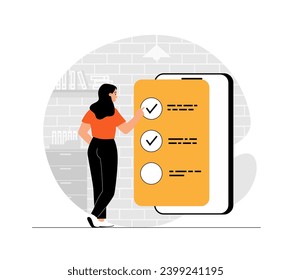 Schedule planning, task management. Planning work tasks, filling check list. To do list on mobile phone screen. Illustration with people scene in flat design for website and mobile development.