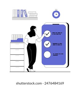 Schedule planning, task management. Planning work tasks, filling check list. To do list on mobile phone screen. Vector illustration with line people for web design.	

