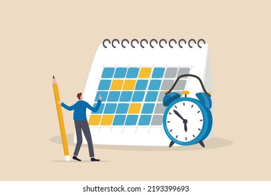 Schedule planning and time management, organize meeting and appointment, event reminder or business schedule concept, businessman holding pencil planning work schedule on calendar and alarm clock.