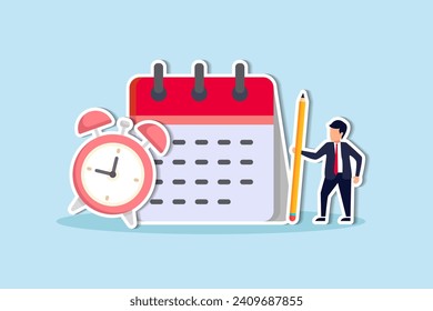 Schedule planning and time management, organize meeting and appointment, event reminder or business schedule concept, businessman holding pencil planning work schedule on calendar and alarm clock.