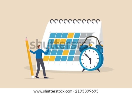 Schedule planning and time management, organize meeting and appointment, event reminder or business schedule concept, businessman holding pencil planning work schedule on calendar and alarm clock.