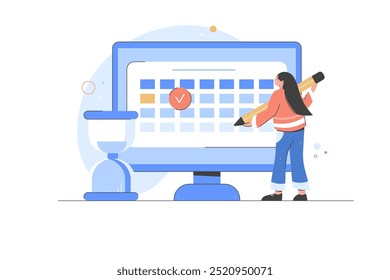 Schedule planning. Vector flat vector illustration banner. Work tasks, filling check list, making schedule. To do list. Business and organization concept