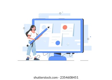Planificar la ilustración vectorial. Gestión de caracteres, priorización y delegación de tareas de trabajo importantes. Caracteres planificando tareas de trabajo, rellenando lista de comprobación. Concepto de empresa y organización. 