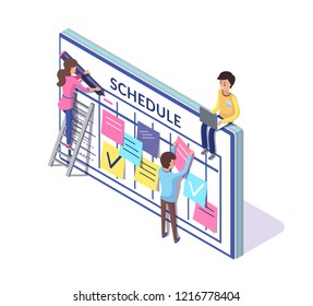 Schedule planning, working people creating of timetable vector. Ladder and person on it, checkmarks and lists on memos, stickers and sticky notes