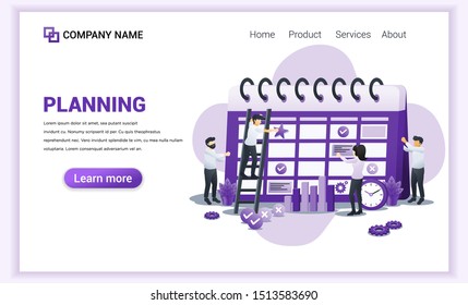 Schedule plans concept, people work together filling out the schedule on giant calendar, work planning. Can use for web banner, landing page, infographics, web template. Flat vector illustration