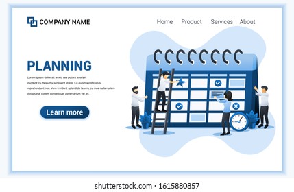 Schedule plans concept, people work together filling out the schedule on giant calendar, work planning. Can use for web banner, landing page, infographics, web template. Flat vector illustration