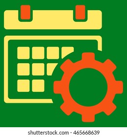 Schedule Preferences vector icon. Style is bicolor flat symbol, orange and yellow colors, rounded angles, green background.