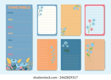 Programación. Muestra de un horario listo para la escuela y el negocio. Plantilla diaria del planificador. Diseño de planeador de Vector decorado con flores abstractas.