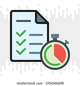 Icono de programación, programador o planificador. Lista de tareas pendientes o lista de comprobación y cronómetro. Versión de color simple en un fondo gris claro