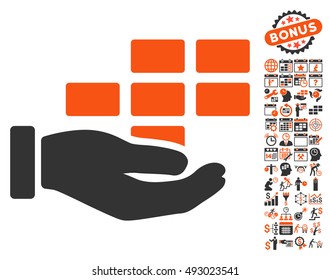 Schedule Service Hand pictograph with bonus calendar and time management pictograph collection. Vector illustration style is flat iconic bicolor symbols, orange and gray colors, white background.