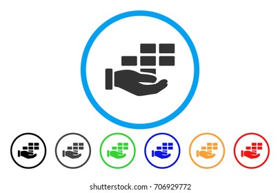 Schedule Service Hand vector rounded icon. Image style is a flat gray icon symbol inside a blue circle. Additional color variants are gray, black, blue, green, red, orange.