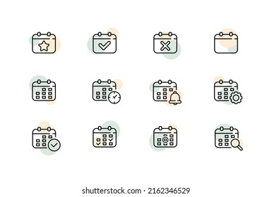 Icono de conjunto de programación. Calendario, plan, fecha, evento, aprobado, rechazado, asignado, recordatorio, reloj, engranaje, amplificador, ajuste, configuración. Concepto de negocio. Icono de línea de vector para negocios y publicidad.