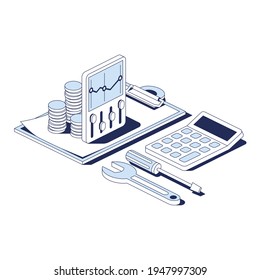 Schedule settings, agreement document, investment finance, tools, calculator. Vector 3d line isometric, web icons, blue color. Creative design idea for infographics.