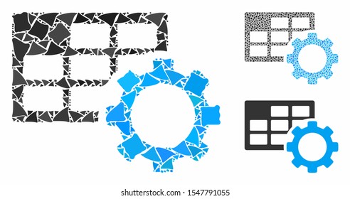 Schedule settings composition of unequal items in different sizes and shades, based on schedule settings icon. Vector rough items are united into mosaic.