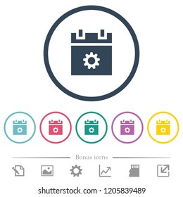 Schedule settings flat color icons in round outlines. 6 bonus icons included.
