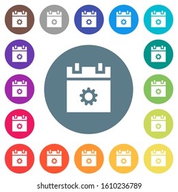 Schedule settings flat white icons on round color backgrounds. 17 background color variations are included.