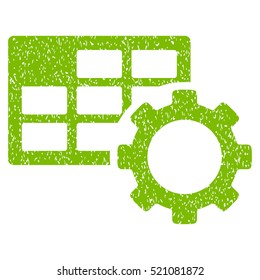 Schedule Settings grainy textured icon for overlay watermark stamps. Flat symbol with unclean texture. Dotted vector eco green ink rubber seal stamp with grunge design on a white background.