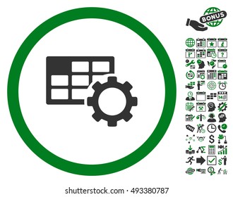 Schedule Settings icon with bonus calendar and time management clip art. Vector illustration style is flat iconic bicolor symbols, green and gray colors, white background.