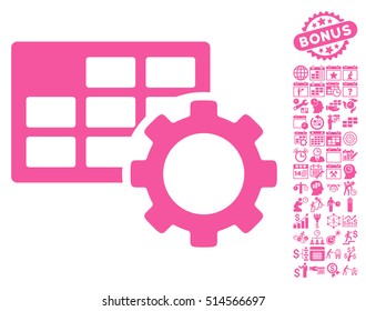 Schedule Settings icon with bonus calendar and time management images. Vector illustration style is flat iconic symbols, pink color, white background.