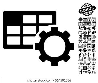 Schedule Settings icon with bonus calendar and time management design elements. Vector illustration style is flat iconic symbols, black color, white background.