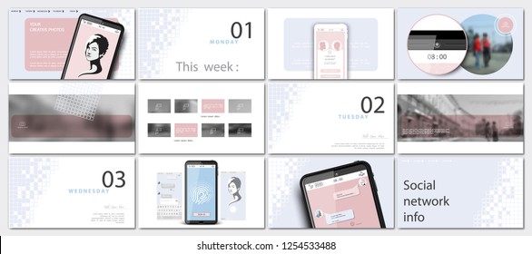 Schedule social networks. Minimal design of photo presentations from a mobile phone.Online landing page for login.Set. Elements, white background. Multipurpose slide template.Advertising,communication