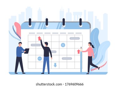 Schedule statistics concept. A team of analysts plans a working week a month, analyzes sales. A man with a tablet, a woman with a pencil stand against backdrop of cityscape. Flat vector illustration