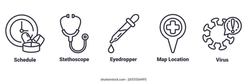 Zeitplan, Stethoskop, Pipette, Kartenposition, Symbol-Set-Illustrationskonzept für Gesundheit und Medizin