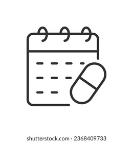 Schedule for taking the medicine, linear icon. Calendar and pill. Line with editable stroke