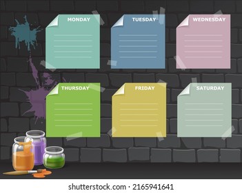 el calendario de tareas para todos los días de la semana en el fondo de una pared de ladrillo.  ilustración vectorial