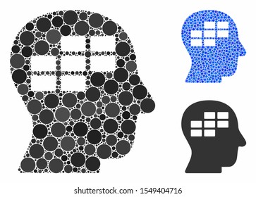 Schedule thinking composition of filled circles in different sizes and color tones, based on schedule thinking icon. Vector random circles are grouped into blue collage.
