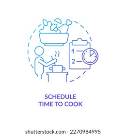 Programar tiempo para cocinar el icono de concepto de degradado azul. Organizar descansos de trabajo. Ilustración de línea delgada de idea abstracta de la descripción de la recuperación de arranque. Dibujo de contorno aislado. Se usa una fuente Myriad Pro-Bold