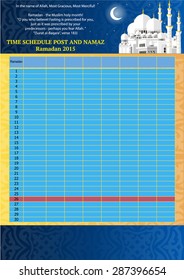 Schedule time of fasting and prayer for Ramadan in 2015. The leaflet or booklet. Vector Illustration