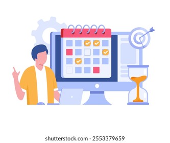 Programar la gestión del tiempo, estrategia, objetivo, concepto de fecha límite, planificador, planificación y organización, Anuncio de Ilustración vectorial plana para el Sitio web