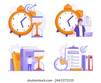 Programar la gestión del tiempo, objetivo, concepto de plazo, planificador, planificación y organización, Anuncio de Ilustración vectorial plana para el Sitio web