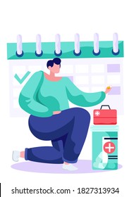 Schedule of treatment procedures and taking pills. Concept of system reminder regular to visit doctor. Woman patient pulls the medicine out of the bag, sitting near a large calendar with marks