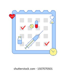 schedule of treatment procedures, vaccinations and taking pills. blue graphic art for mobile apps, info board. items for infographic in flat style. concept of system reminder regular to visit doctor
