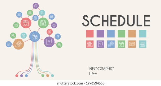 schedule vector infographic tree. line icon style. schedule related icons such as calendar, planning, report, wall clock, vertical, agenda, tasks