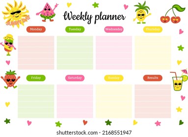Programar para la semana con caracteres brillantes de verano. Plantilla de planeador de vectores.
