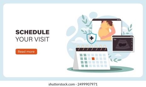 Schedule your visit. Pregnant woman near calendar. Fertility and reproductive system. Doctors appointment planning. Health care and medicine. Landing page. Flat vector illustration