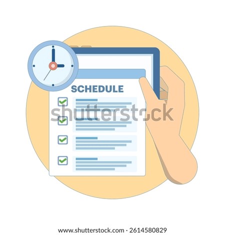 Scheduled Appointment Concept. Tablet with Schedule and Clock. Business graphic design for scheduling tasks in a week. Create schedule online. Flat Design Illustration on Background.
