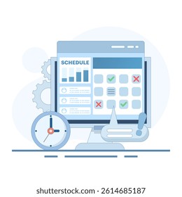 Scheduled Appointment Time Concept. Calendar with Clock. Activity planner and schedule. Additional planner, emphasizing organized time management. Flat Design Illustration in Background.