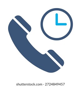 Ícone de chamada agendada azul vetor plano design telefone relógio símbolo compromisso lembrete tempo de contato elemento gráfico sinal
