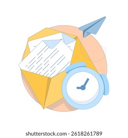 Scheduled Mail Concept. Mail Envelope with Clock. Email message sent to customers with automatic scheduling software, email marketing concept. Flat Design Illustration in the background.