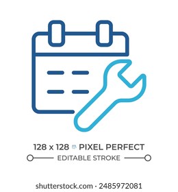 Scheduled maintenance two color line icon. Car service appointments. Repair services. Calendar and wrench bicolor outline symbol. Duotone linear pictogram. Isolated illustration. Editable stroke