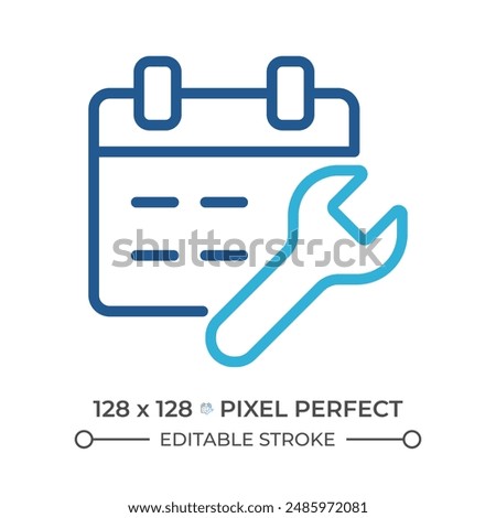 Scheduled maintenance two color line icon. Car service appointments. Repair services. Calendar and wrench bicolor outline symbol. Duotone linear pictogram. Isolated illustration. Editable stroke