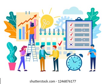 Scheduled meeting in the office, business partnership, solving work tasks, team work, making a deal. Vector illustration for social media, web design and presentations