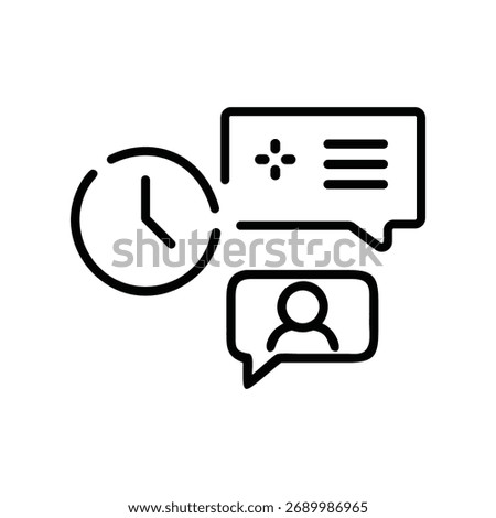 Scheduled message and online chat icon, clock, digital communication, message reminder, and virtual conversation outline vector illustration