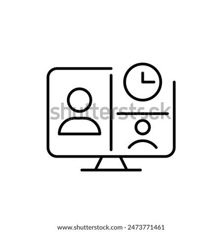 Scheduled online classroom. Conference video call, webinar and clock. Digital communication, discussion vector icon