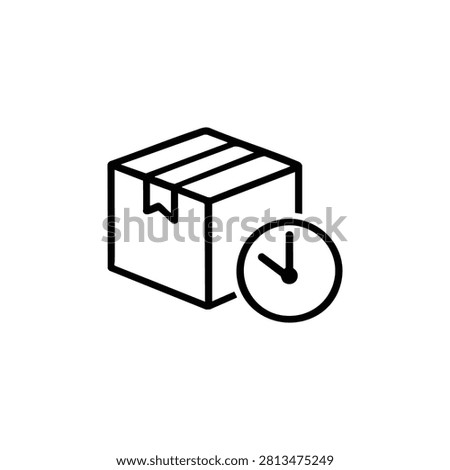 Scheduled parcel icon with clock beside parcel box for delivery time, shipment deadline, tracking schedule and package arrival