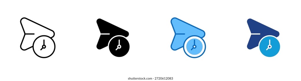 Vector de diseño de íconos de estilo múltiple de Compartir programado: avión de papel con un reloj, que simboliza el envío o el intercambio de contenido automáticamente a una hora programada